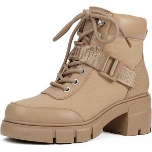 Women's Beige Combat Boots Chunky Lug Sole Ankle Boots Lace Up Buckle Casual